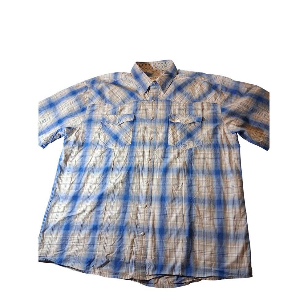 Roper Mens Blue Plaid Short Sleeve Western Pearl Snap Shirt 2XL